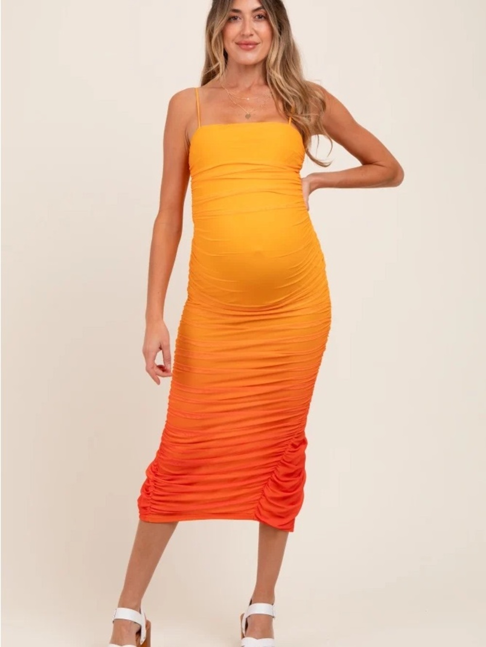 Pinkblush Ombre Yellow to Orange Ruched Midi Dress